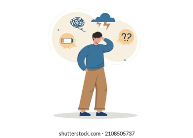Flat young man with symptoms of depression disorder overhead. Tired exhausted character suffering anxiety, exhaustion, confusion or burnout syndrome. Adult with problems and low level of energy.