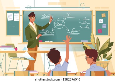 Flat young man teacher with glasses at work with schoolboys in school lesson. Concept businessman and boy characters with plant and desks, students schooling. Vector illustration.