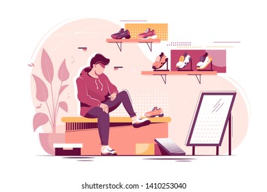 Flat Young Man Trying Measure Sneakers In Store. Concept Student Character In Sport Shoe Shop. Vector Illustration.