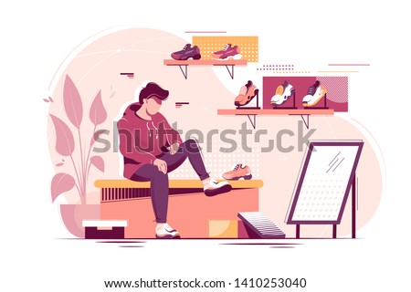 Flat young man trying measure sneakers in store. Concept student character in sport shoe shop. Vector illustration. ストックフォト © 