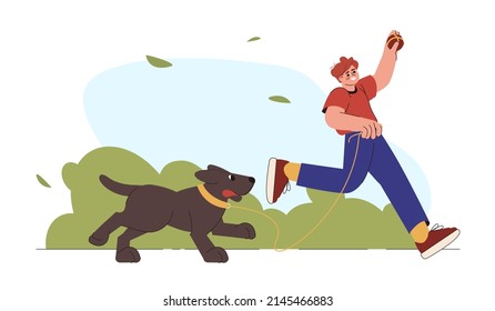 Flat young man walks with dog on leash in city park. Boy owner and happy cute domestic animal play and spend time together. Playful puppy enjoy outdoor activity. Pet walking service concept.