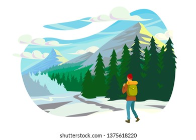 Flat young man with winter clothes and backpack in trip to mountains. Concept character with equipment near forest, river and snow, tourist leisure. Vector illustration.