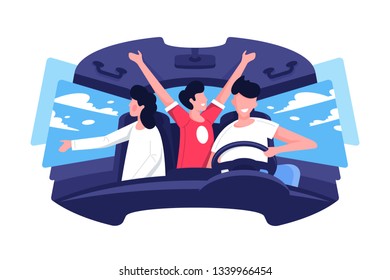 Flat young man and woman company in car in journey. Concept characters in vehicle in trip. Vector illustration.