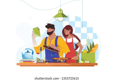 Flat Young Man And Woman Couple Cooks Together. Concept Wife And Husband Characters At Kitchen, Healthy Food. Vector Illustration.