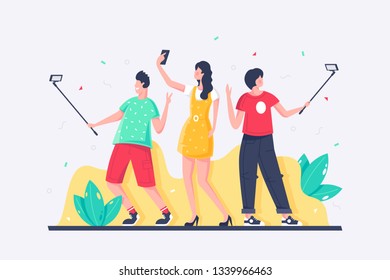 Flat young man, woman, everyone takes selfies with mobile phone. Concept characters with modern clothes with technology device, relationship. Vector illustration.