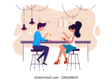 Flat young man and woman on date with drink in bar. Concept meeting with girl in cafe, communication and relationship. Vector illustration.