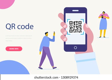 Flat young man and woman standing near big smartphone with qr symbol on screen.Flat vector illustration.