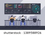 Flat young men employee with screens with charts at control center. Concept businessman character at work in space tracking company. Vector illustration.