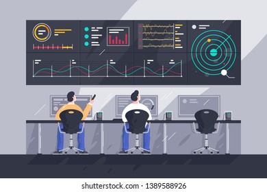 Flat young men employee with screens with charts at control center. Concept businessman character at work in space tracking company. Vector illustration.