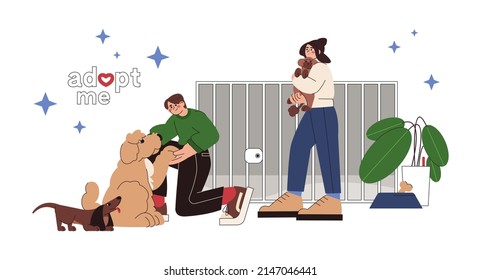 Flat young people adopting dog from animal shelter. Happy owners of domestic pets. Adoption of homeless animals from stray center. Girl holding and hugging cute poodle, guy greeting new friend.