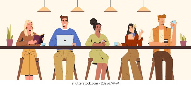 Flat young people communicating and working in modern coffeehouse. Students sitting at bar counter and talking, drinking coffee, reading or surf the internet. Coworking, front view vector illustration