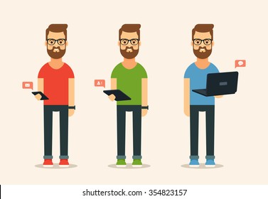 Flat Young People Holding Different Devices: Phone, Tablet and Laptop. Vector Set