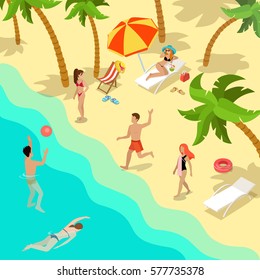 Flat young people on tropical resort, man and woman swimming, playing volleyball vector illustration. Summer holidays concept.