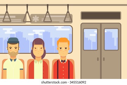 Flat Young People sitting Inside a Metro Subway Train. Colorful Vector Illustration