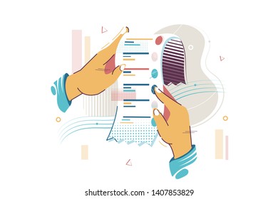 Flat young person hand checked his costs. Concept isolated money control with financial graph. Vector illustration.