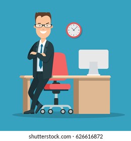 Flat young smiley businessman standing near working place vector illustration. Casual Business life concept.