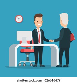 Flat young smiley businessmen handshaking, partner's meeting vector illustration. Business Partnership concept.