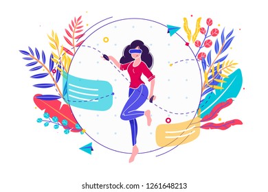 Flat Young Smiling Woman Creates Vr Design. Concept Fun Girl Draws With High Tech, Flight Of Fancy, Interface And Equipment. Vector Illustration.