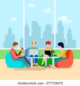 Flat Young team sitting and working on their laptops, urban skyscraper landscape vector illustration. Modern Teamwork concept.