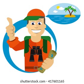 Flat Young Traveler dreaming about sunny beach. Colorful Vector Illustration