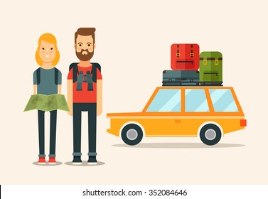 Flat Young Travelers. Car with a Lot of Bags on the Background. Colorful Vector Illustration