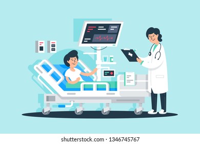 Flat young woman doctor with tablet and patient near medical equipment. Concept man and girl characters with modern technology for medicine. Vector illustration.