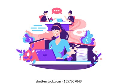 Flat young woman employee calls within office. Concept businessman and businesswoman characters at work, staff relationship. Vector illustration.