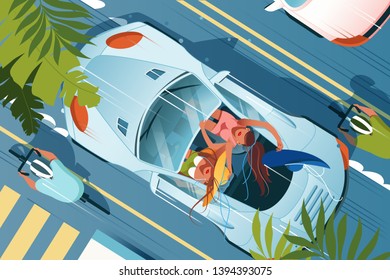 Flat young woman friend in cabriolet car on vacation. Concept fun girl characters with speed vehicle on trip, seasonal summer relationship. Vector illustration.