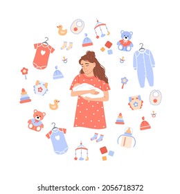 Flat young woman holding newborn infant on white circle baby background with child care accessories newborn toy, bib, pacifier, rattle, diaper. Parenthood concept design. Cartoon vector illustration.