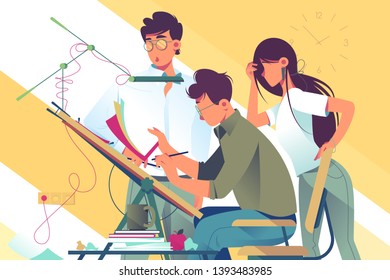 Flat young woman and man team at work on design project. Concept businessman and businesswoman employee characters with professional equipment. Vector illustration.