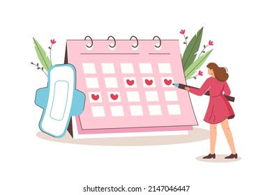 Flat Young Woman Mark Date Of Menstrual Periods In Calendar. Menstruation Cycle Control Or Pregnancy Planning. Pms Tracker Or Ovulation Day. Concept Of Women Health, Prediction Of Fertile Days.