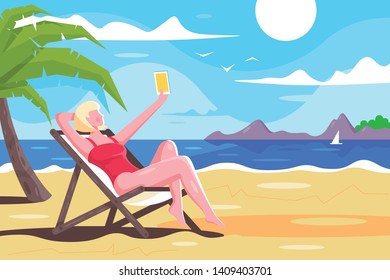 Flat young woman with mobile phone makes selfie on rest. Concept blonde girl near sea, mountain on beach, season summer. Vector illustration.