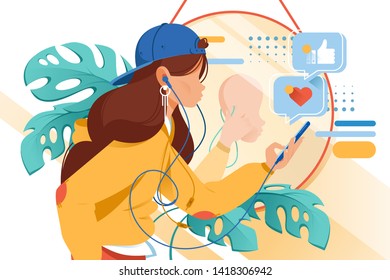 Flat young woman with mobile phone and earphones in virtual reality. Concept girl style character with fake face mask in online, abstract web relationship. Vector illustration.