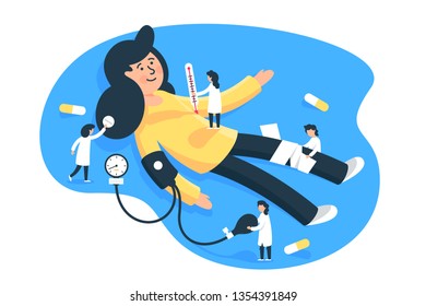 Flat young woman patient with little man doctors. Concept isolated characters with pills, thermometer, tonometer, health diagnosis. Vector illustration.