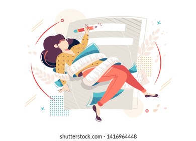 Flat young woman shrouded in paper with pencil creates text content. Concept creative girl character develops articles and books with professional equipment. Vector illustration.