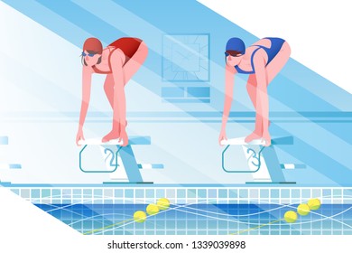 Flat young woman silhouette with sport swimsuit in swimming pool. Concept girl characters compete in swimming speed, relstionship. Vector illustration.