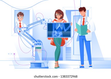 Flat young woman with stylish clothes and glasses at man doctor with x-ray. Concept patien and employee characters with modern health care device. Vector illustration.