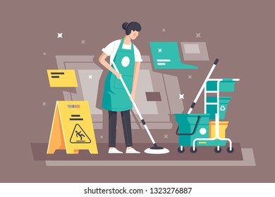 Flat young woman at work in cleaning services with special equipment. Concept girl characters, student employee, yellow wet floor sign. Vector illustration.