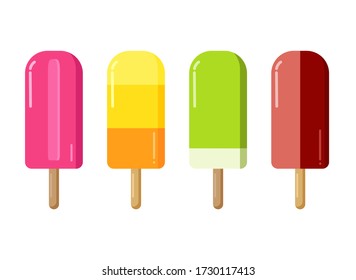 Flat yummy ice creams on white isolated background. Tastes of different fruits and berries. Summer fresh set.
