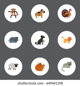 Flat Zebra, Predator, Lion And Other Vector Elements. Set Of Zoology Flat Symbols Also Includes Cat, Gorilla, Hound Objects.