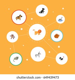 Flat Zebra, Rooster, Chimpanzee And Other Vector Elements. Set Of Zoo Flat Symbols Also Includes Pooch, Horse, Donkey Objects.