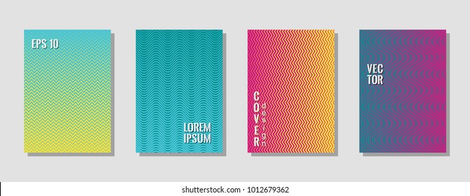 Flat zig zag lines gradient texture curves background for advertising cover. Wavy stripes and zig zag vector halftone lines texture journal covers set in trendy pink, blue, yellow colors.