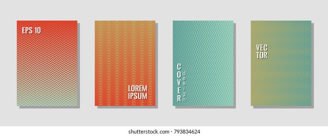 Flat zig zag lines gradient texture curves background for musical cover. Wavy stripes and zig zag vector halftone lines texture banners vector set in red and turquoise blue colors.