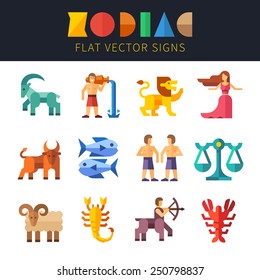 Flat zodiac signs, astrology. Aquarius, Virgo, Scorpio, Taurus, Pisces, Sagittarius, Leo, Libra, Aries, Capricorn, Gemini, Cancer Vector flat illustrations 