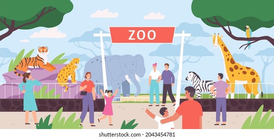 Flat zoo entrance gates with visitor family and kids. Cartoon safari park with people and african savannah animals in cages vector landscape. Zebra, giraffe and elephant wild fauna