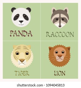 flat zoo illustration of icon a tiger lion panda head and a raccoon