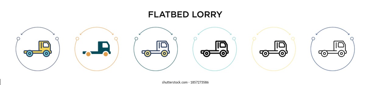 Flatbed lorry icon in filled, thin line, outline and stroke style. Vector illustration of two colored and black flatbed lorry vector icons designs can be used for mobile, ui, web