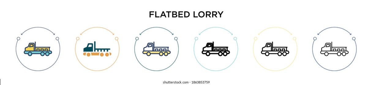 Flatbed lorry icon in filled, thin line, outline and stroke style. Vector illustration of two colored and black flatbed lorry vector icons designs can be used for mobile, ui, web