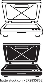 Flatbed scanner open device icon line and solid glyph symbols set digital image capturing document conversion hardware element office paperwork tool illustration graphic design template concept modern technology essential computing peripheral apparatus sign. Workflow data input.