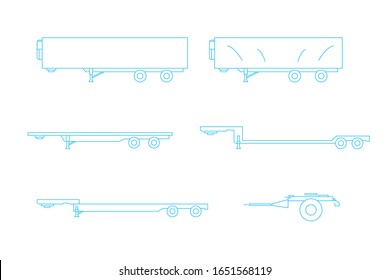  Flatbed Set. Truck And Trailer Equipment. Line Icon Logistic Cargo. Vector Illustration